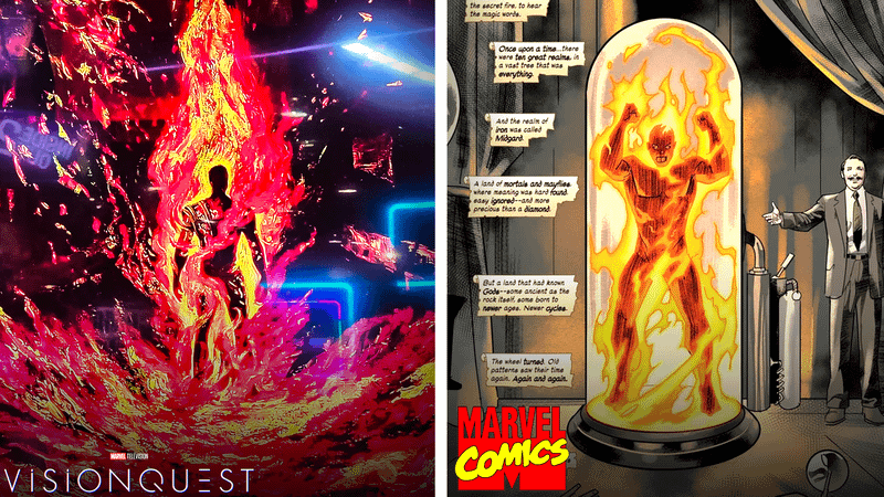 Human Torch on fire in VisionQuest next to the character in Marvel Comics.
