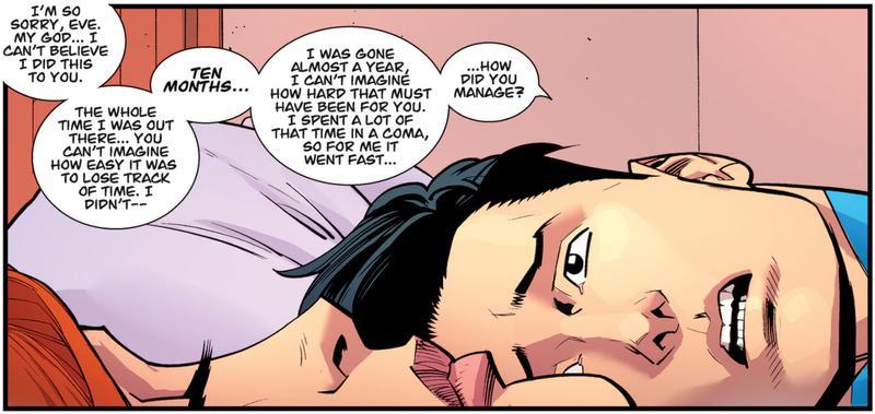 Panel from Invincible comics showing Mark sitting on a bed next to Eve as he tells her what happened while he was away.