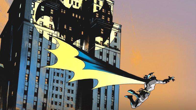 Jock's Batman art featuring the Dark Knight flying through the air with the Bat-Signal flashing on a building