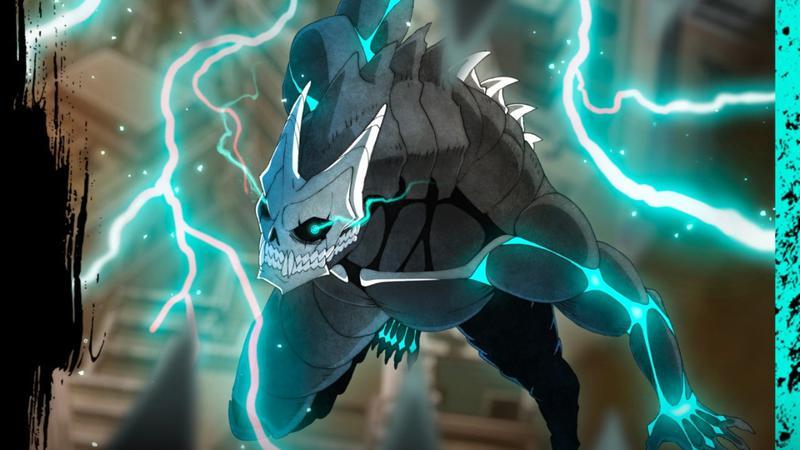 The monster from Kaiju No. 8 jumping in the sky with electricity around him