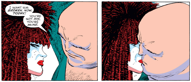 Panels from Daredevil comic showing Mary Walker and Wilson Fisk kissing.