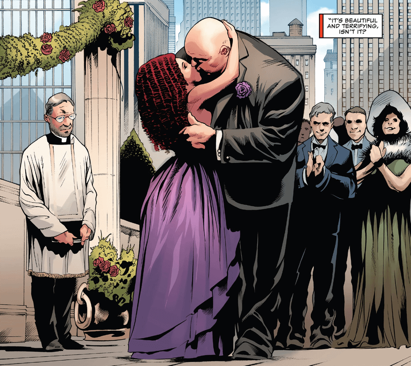 Panel from Daredevil comics showing Mary Walker and Wilson Fisk married and kissing.