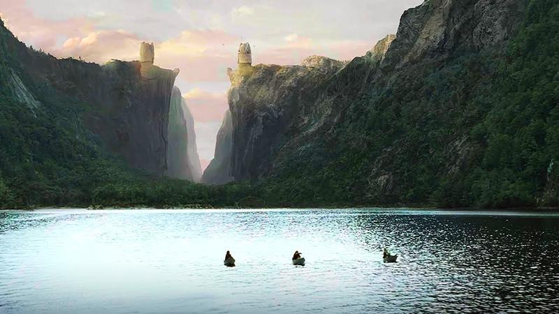 Three boats on a large lake in Lord of the Rings: Fellowship of the Ring