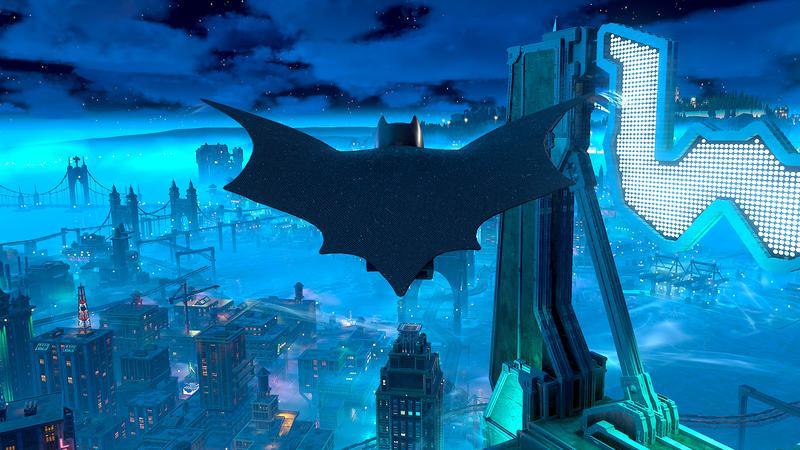 LEGO Batman gliding over Gotham City.