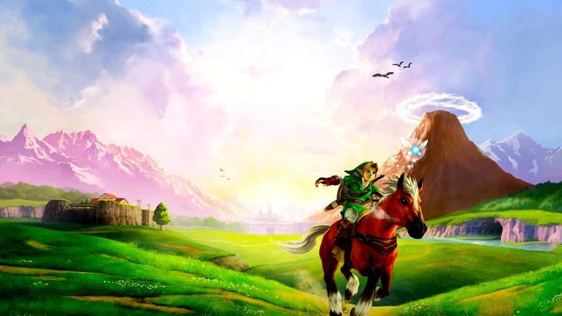 Link on a horse riding through Hyrule Field in Ocarina of Time