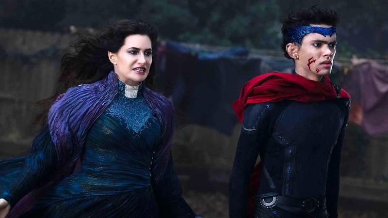 Kathryn Hahn as Agatha Harkness and Joe Locke as Billy Maximoff as Wiccan next to each other in Agatha All Along