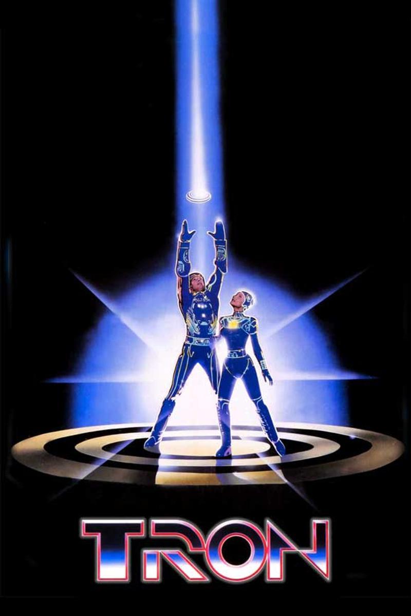 The original Tron poster featuring Jeff Bridges as Kevin Flynn holding a disk to the sky