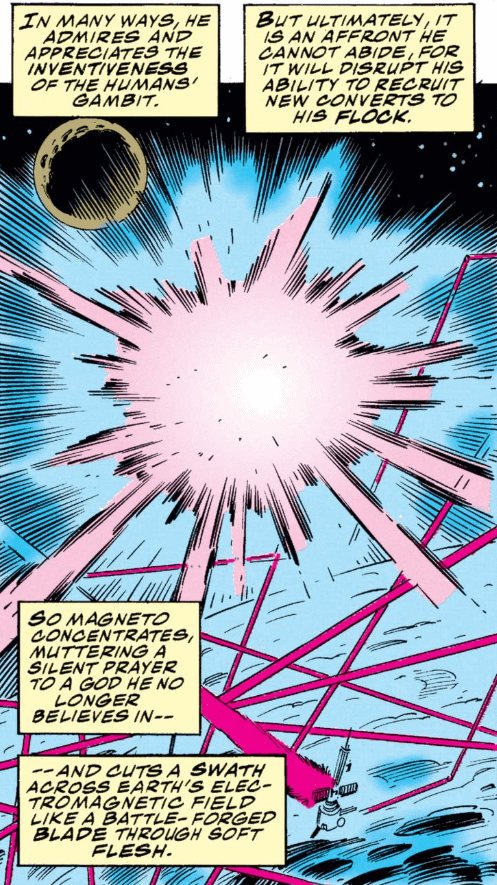 Magneto releases an electromagnetic pulse (EMP) across the Earth in X-Men (1991) #25.