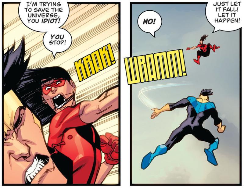 Panels from Invincible comics showing Mark and Oliver fighting over the virus.