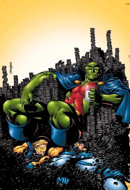 Martian Manhunter sitting on a throne of Chocos cookies in DC Comics