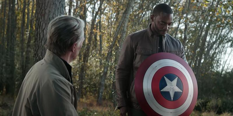 Steve Rogers gives Sam Wilson the Captain America shield in Avengers: Endgame