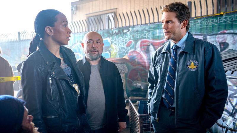 Mercy stars Chris Pratt and Kalie Reis on the set of Mercy