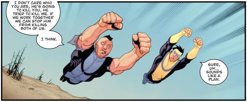 Panel from Invincible comic showing Mohawk Mark and Invincible flying away together.