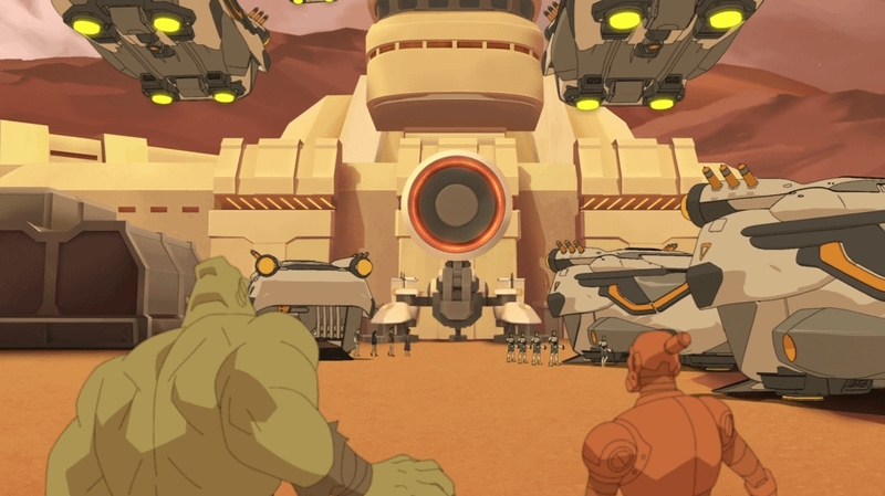 Image from Invincible series showing Robot and Monster Girl in the Flaxan dimension facing their army.