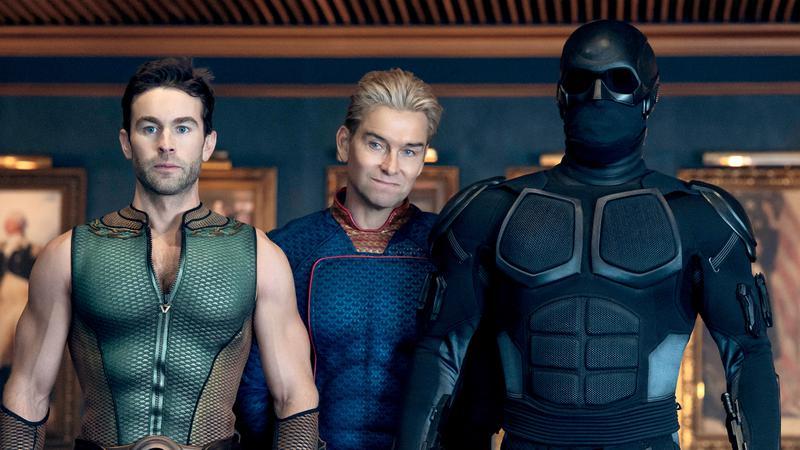 The Deep, Homelander, and Black Noir standing together in The Boys.