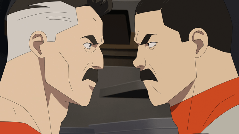 Image from Invincible series showing Nolan and Thragg face to face as they talk on Viltrum.