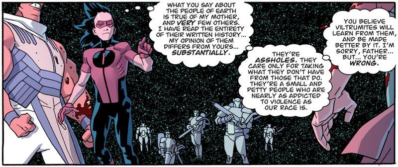 Panel from Invincible comic showing Oliver talking to Nolan in space.