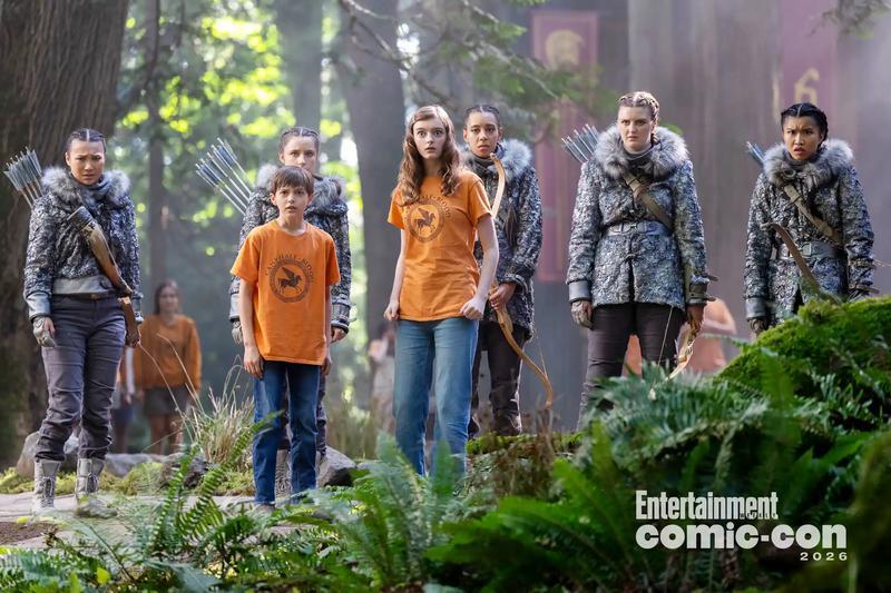 Levi Chrisopulos and Olive Abercrombie as Nico and Bianca Di Angelo, along with five Hunters of Artemis.