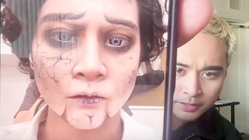 Simon with puppet makeup in a deleted School Spirits Season 3 scene.