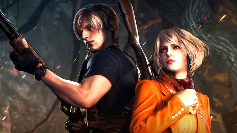 Leon Kennedy holding a shot gun with a woman in an orange coat beside him in Resident Evil 4.
