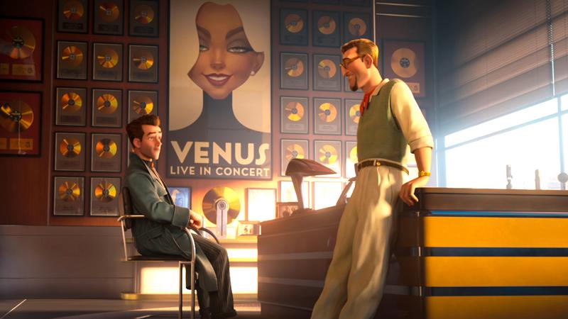 Ray Gunn having a meeting at a record company.