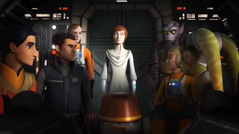 Mon Mothma standing in a room with the Rebels crew in Star Wars: Rebels