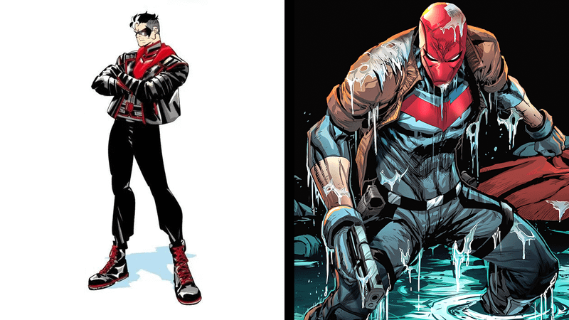 Comparison between Red Hood's new and old costume.