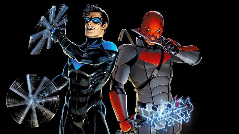 Nightwing and Red Hood swinging their weapons in DC Comics
