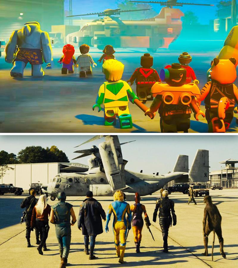 The Suicide Squad boarding plane in Lego Batman Legacy of the Dark Knight DLC vs The Suicide Squad movie.