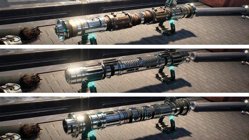 A trio of Lightsaber hilts from the Star Wars Jedi Fallen Order game
