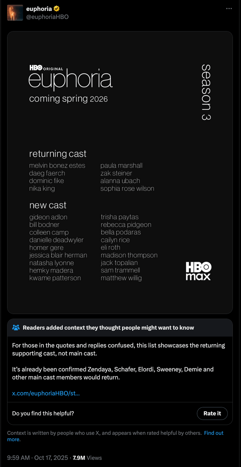 The Euphoria Season 3 cast announcement post with a community note on the bottom of it