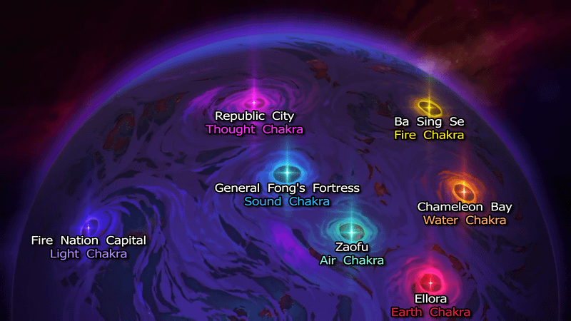 Opening of Avatar: Seven Havens showing the location of seven colored glows across the world corresponding to the seven chakras and places.