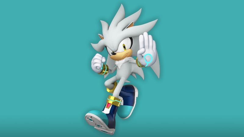 Silver the Hedgehog on a blue background.