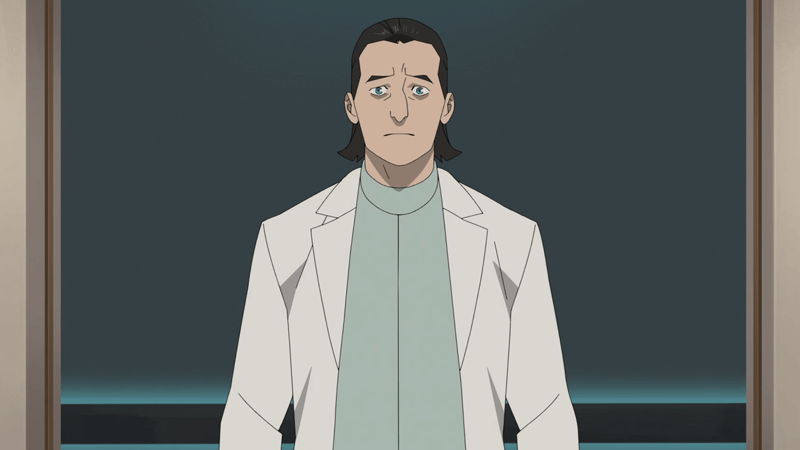 D. A. Sinclair in his lab coat standing at Cecil's office door.