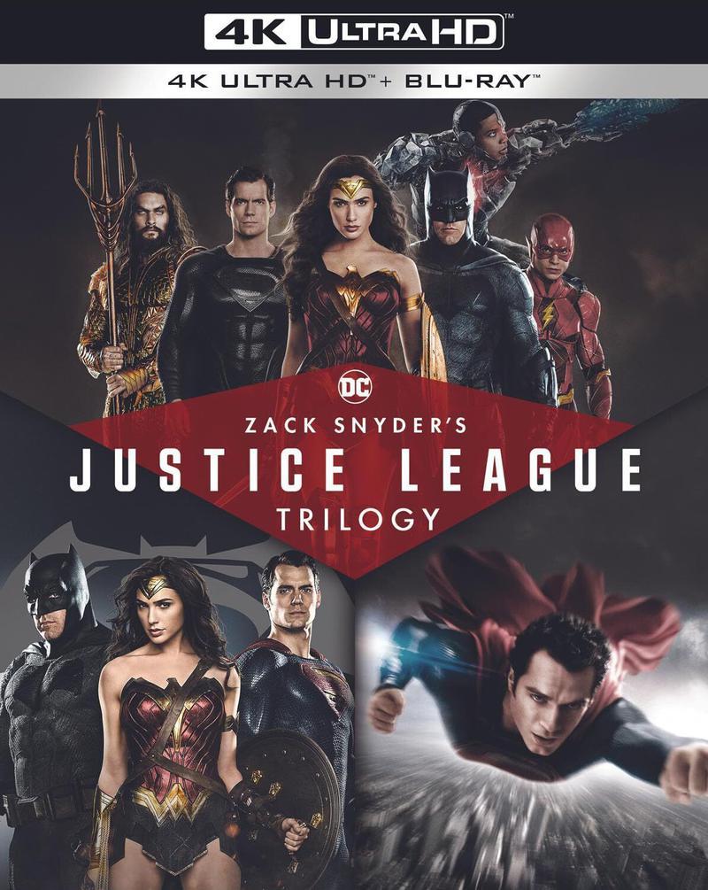 Justice League trilogy box set cover art featuring a diverse list of DC heroes.
