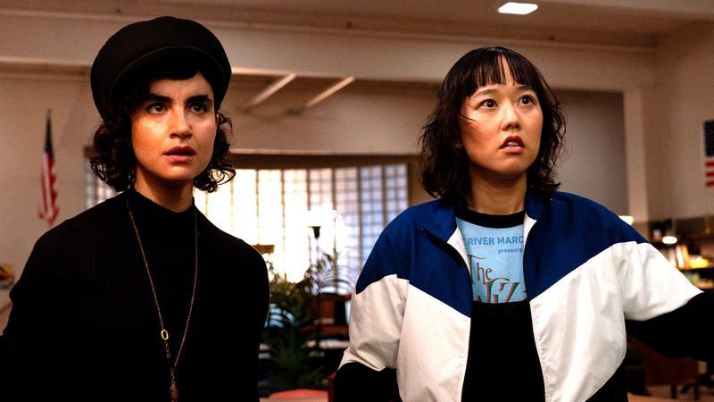 Rhonda and Quinn looking worried in School Spirits Season 3.