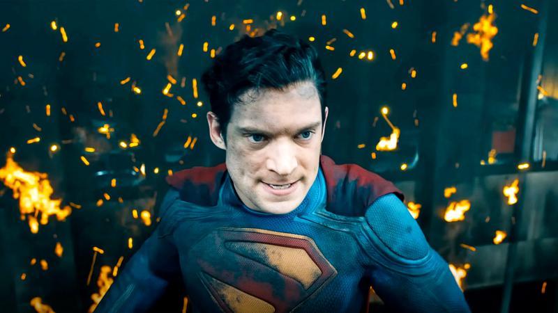 David Corenswet as Superman flying in the sky in Superman