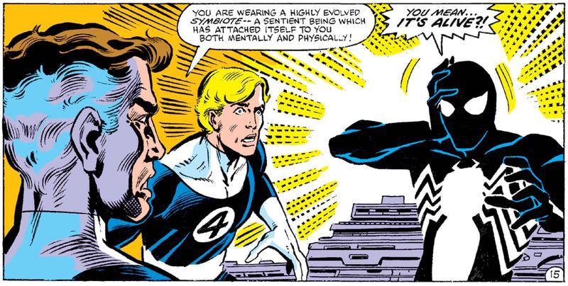 Panel from The Amazing Spider-Man showing the moment Peter Parker realizes that the Black Suit is alive.