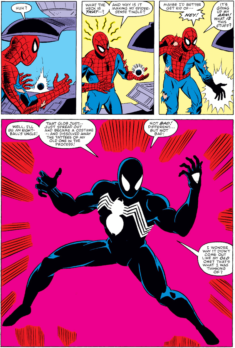 Panels from 1984's Secret Wars comic showing how Spider-Man found the Symbiote.