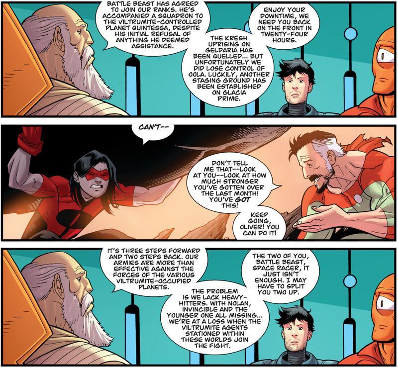 Panels from Invincible comic showing Nolan training Oliver in between Tech Jacket and Allen meeting with Thaedus. Tech Jacket's beard distinctly growing, showing passage of time.