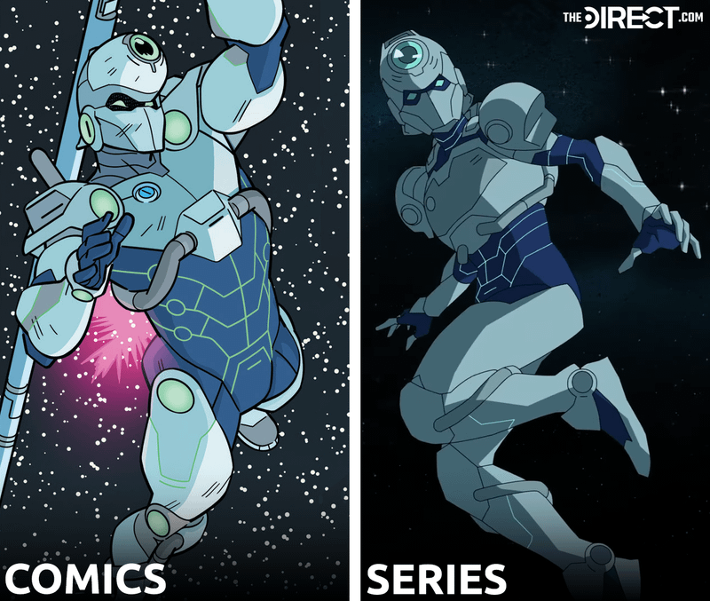 A comparison between the design of Tech Jacket in the comics and the series.