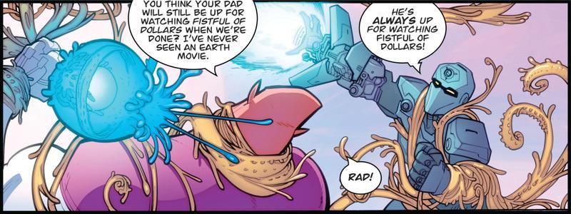 Comic panel from Invincible showing Tech Knight and Allen the Alien talking about movie night.