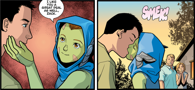 Panels from Tech Jacket comic showing Zack kissing Lin.
