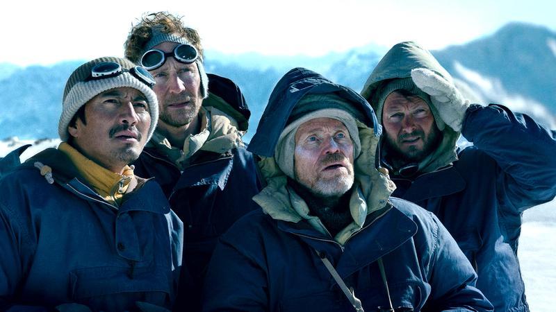 Genden Phuntsok's Tenzing, Tom Hiddleston's Ed Hillary, and Willem Dafoe's John Hunt on Mount Everest.