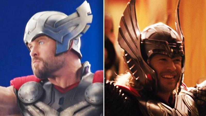 Chris Hemsworth Thor helmet in Avengers Infinity Defense vs Thor 2011.