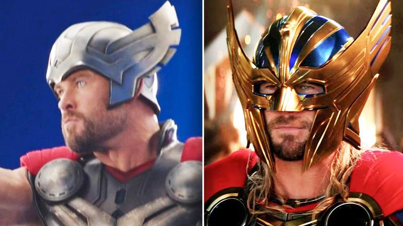 Chris Hemsworth Thor helmet in Avengers Infinity Defense vs Thor Love and Thunder.