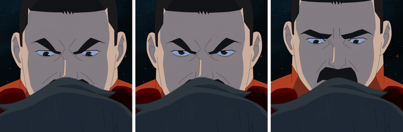Images from Invincible series showing Thragg's changing expression.