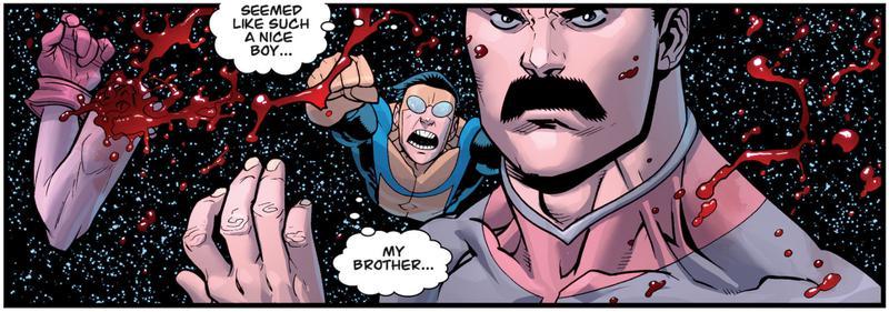 Panel from Invincible comics showing Thragg having defeated Oliver with Mark Grayson charging at him.