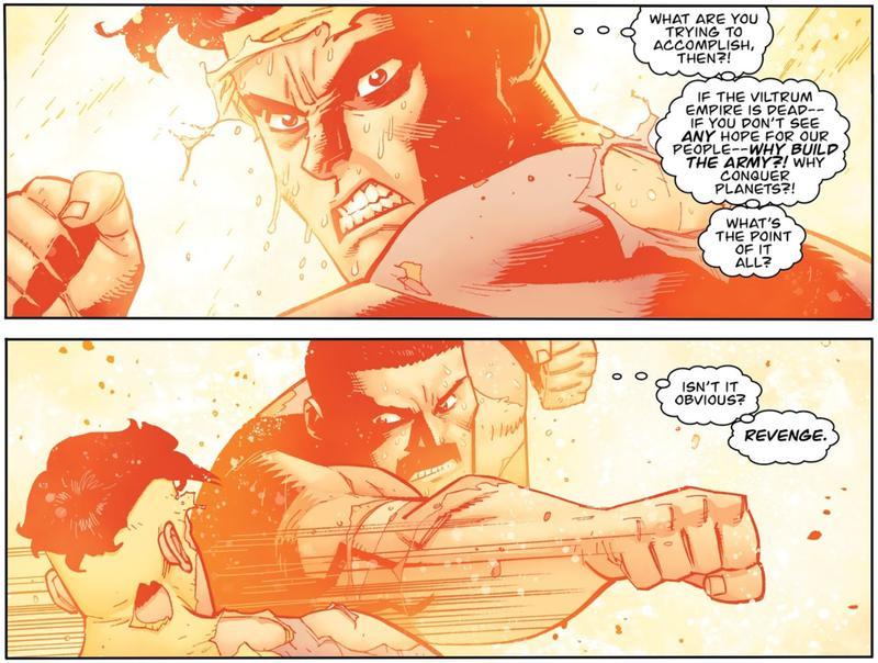 Panels from the Invincible comics showing Mark and Thragg fighting each other on the sun.