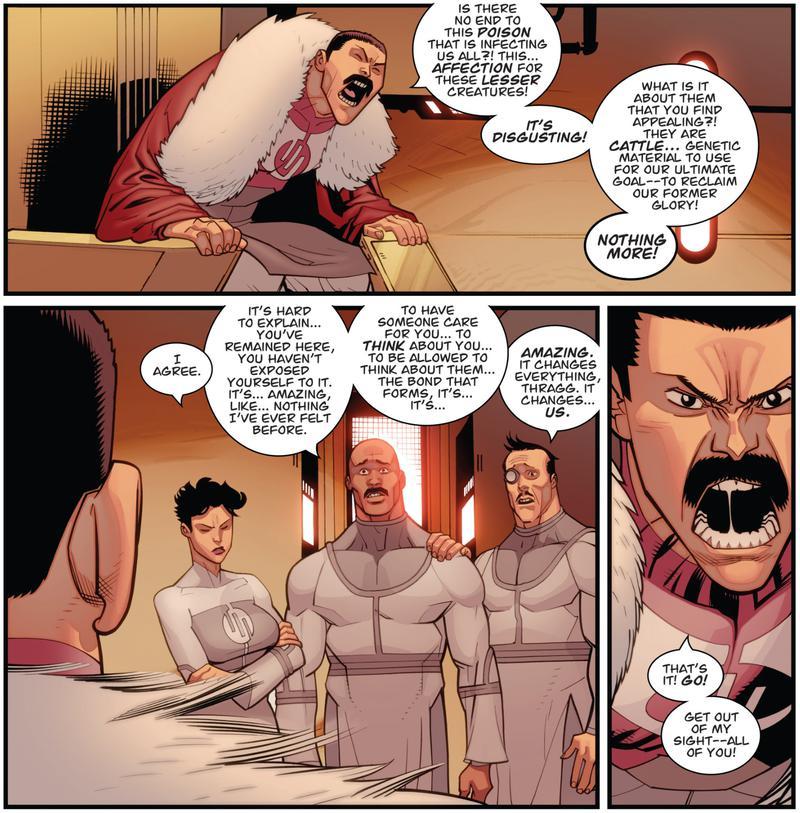 Panels from Invincible comic showing Thragg scolding his fellow Viltrumites.